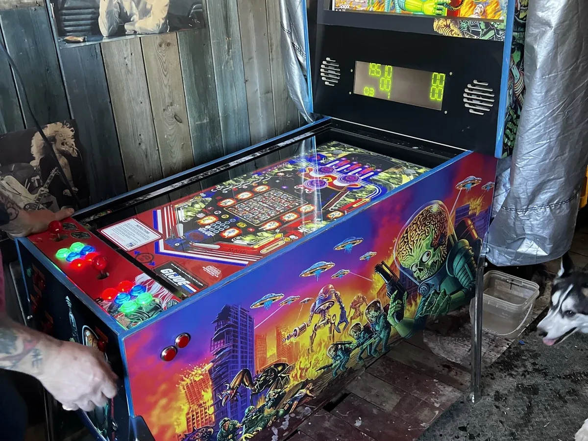 Completed virtual pinball cabinet with illuminated controls and playfield