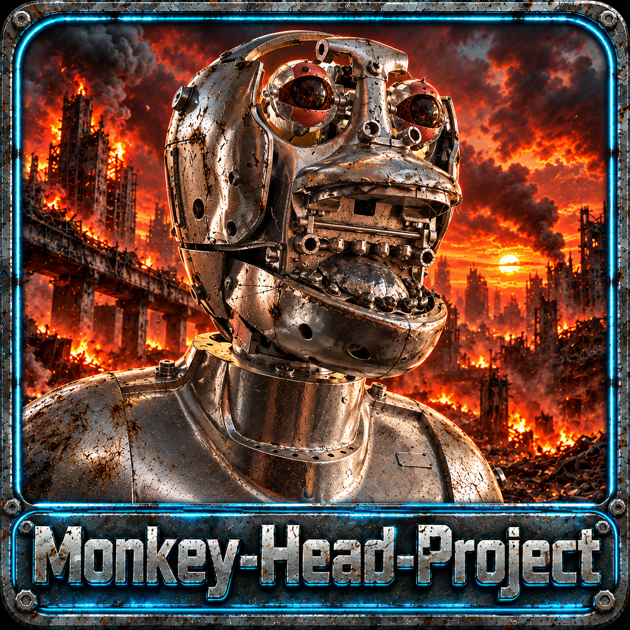 Monkey-Head-Project illustration: metallic robotic head against a fiery skyline with the project name in the frame.