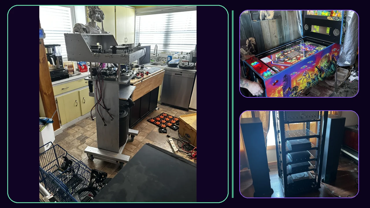 Huey shell presented as the primary active project beside completed pinball and console builds.